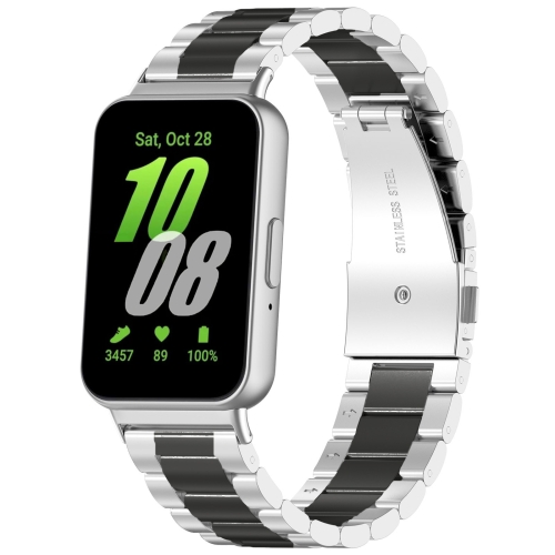 

For Samsung Galaxy Fit 3 SM-R390 Three Bead Stainless Steel Metal Watch Band(Silver+Black)