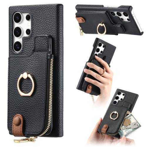 

For Samsung Galaxy S24 Ultra 5G Litchi Leather Oil Edge Ring Zipper Wallet Back Phone Case(Black)