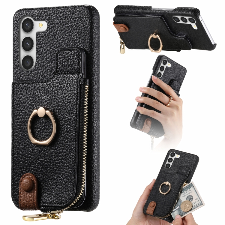 

For Samsung Galaxy S23+ 5G Litchi Leather Oil Edge Ring Zipper Wallet Back Phone Case(Black)