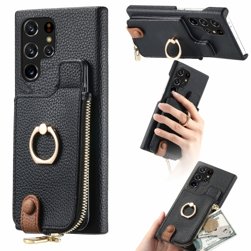 

For Samsung Galaxy S22 Ultra 5G Litchi Leather Oil Edge Ring Zipper Wallet Back Phone Case(Black)