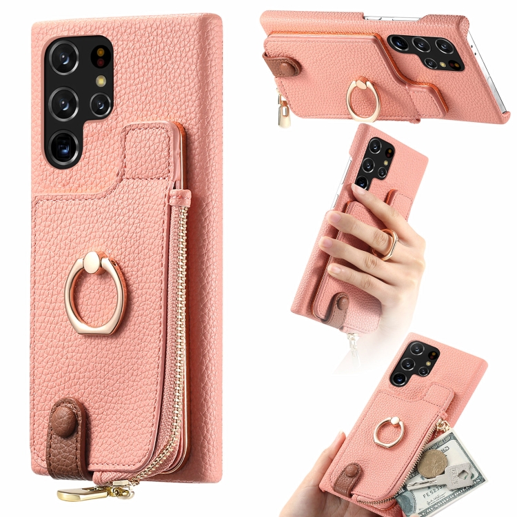 

For Samsung Galaxy S22 Ultra 5G Litchi Leather Oil Edge Ring Zipper Wallet Back Phone Case(Pink)