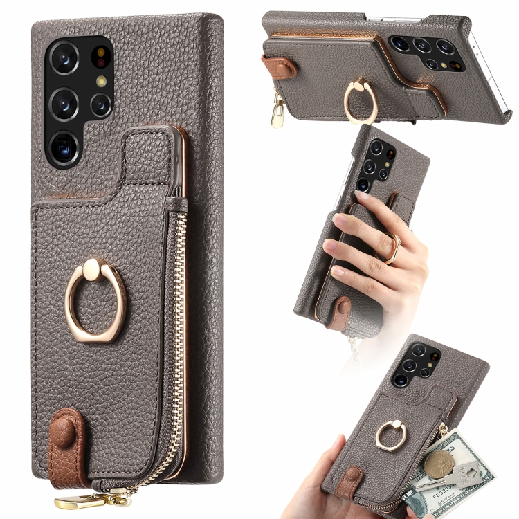 

For Samsung Galaxy S22 Ultra 5G Litchi Leather Oil Edge Ring Zipper Wallet Back Phone Case(Grey)
