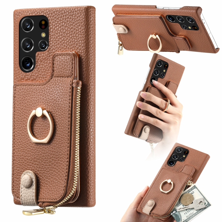

For Samsung Galaxy S22 Ultra 5G Litchi Leather Oil Edge Ring Zipper Wallet Back Phone Case(Brown)