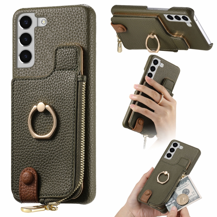

For Samsung Galaxy S22+ 5G Litchi Leather Oil Edge Ring Zipper Wallet Back Phone Case(Green)