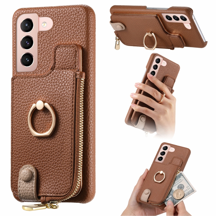 

For Samsung Galaxy S21 Ultra 5G Litchi Leather Oil Edge Ring Zipper Wallet Back Phone Case(Brown)