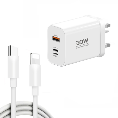

PD30W USB-C / Type-C + 8 Pin + USB Charger with Type-C to 8 Pin Date Cable(UK Plug)