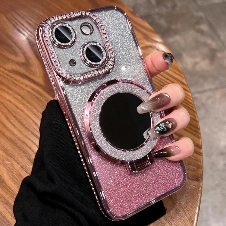 

For iPhone 15 Plus Rhinestone Mirror Glitter MagSafe TPU Phone Case(Sakura Pink)