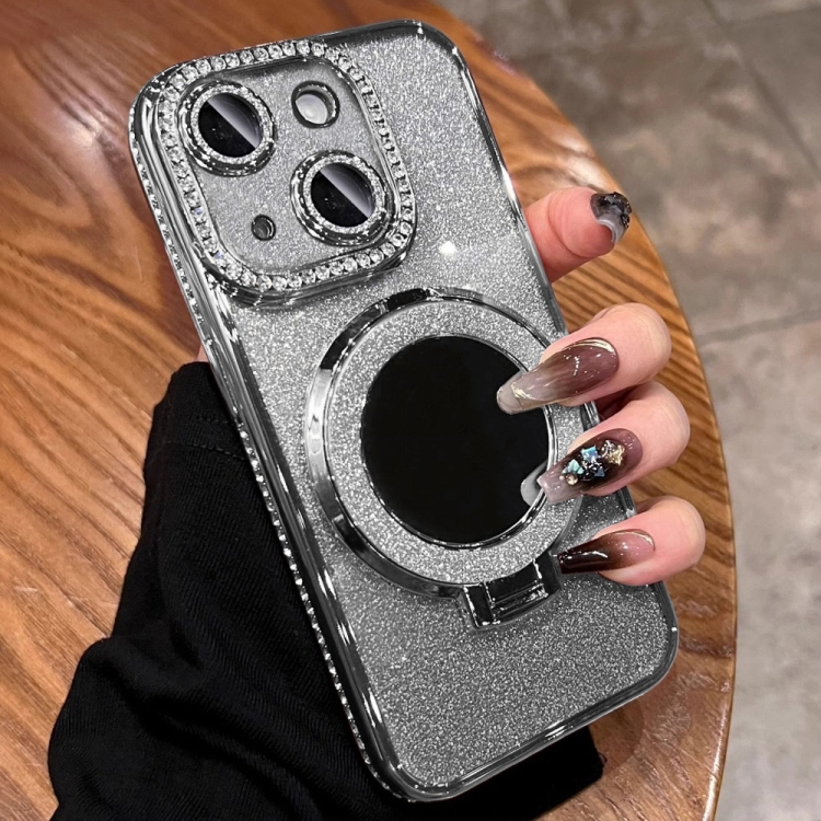 

For iPhone 14 Rhinestone Mirror Glitter MagSafe TPU Phone Case(Space Silver)