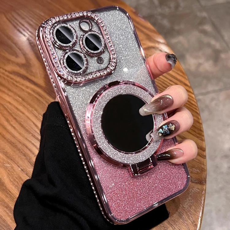 

For iPhone 11 Pro Max Rhinestone Mirror Glitter MagSafe TPU Phone Case(Sakura Pink)