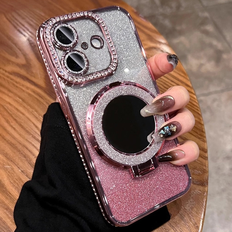 

For iPhone 16 Plus Rhinestone Mirror Glitter MagSafe TPU Phone Case(Sakura Pink)