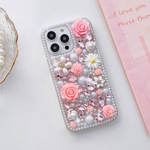 

For iPhone 14 Pro Rose Hand-set Diamond PC Phone Case(Pink)