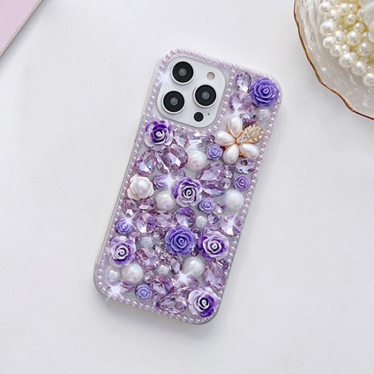 

For iPhone 14 Pro Rose Hand-set Diamond PC Phone Case(Purple)