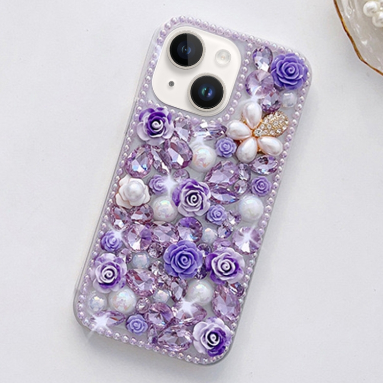 

For iPhone 13 mini Rose Hand-set Diamond PC Phone Case(Purple)