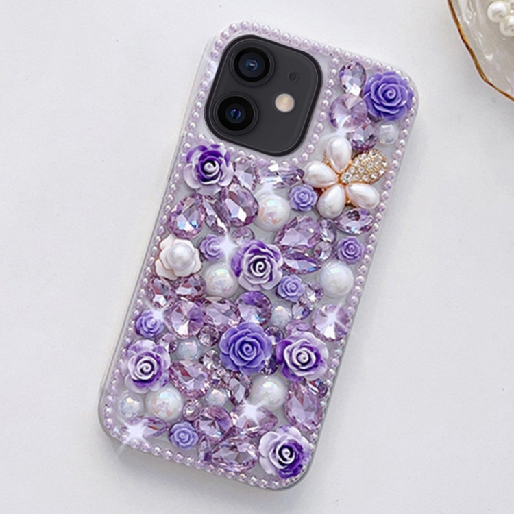 

For iPhone 12 Rose Hand-set Diamond PC Phone Case(Purple)