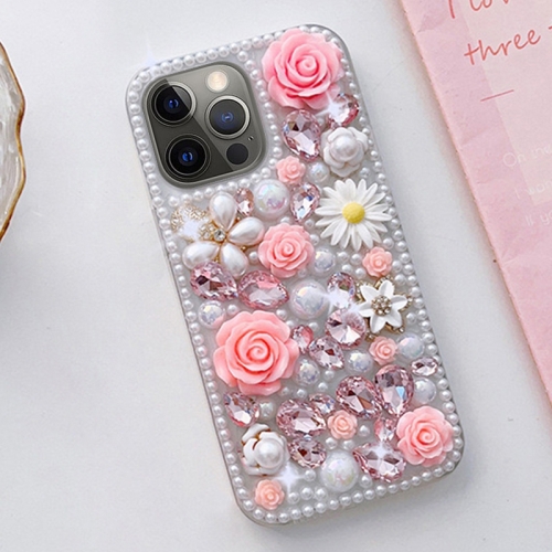 

For iPhone 12 Pro Max Rose Hand-set Diamond PC Phone Case(Pink)