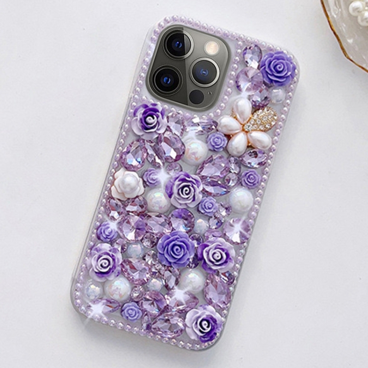 

For iPhone 12 Pro Rose Hand-set Diamond PC Phone Case(Purple)