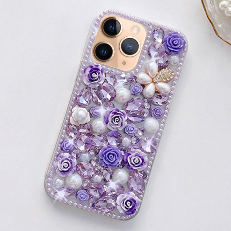 

For iPhone 11 Pro Rose Hand-set Diamond PC Phone Case(Purple)
