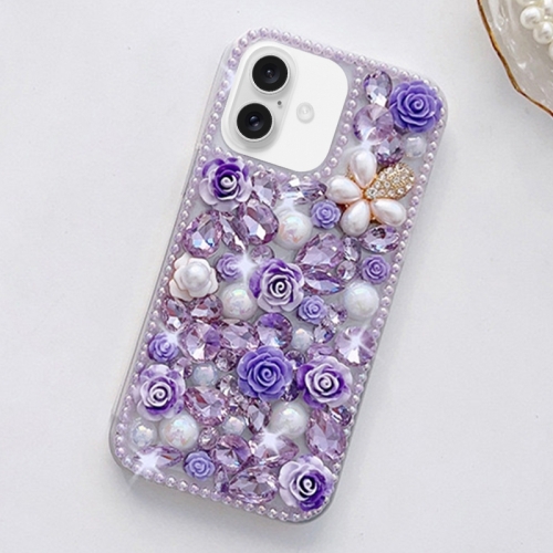 

For iPhone 16 Rose Hand-set Diamond PC Phone Case(Purple)