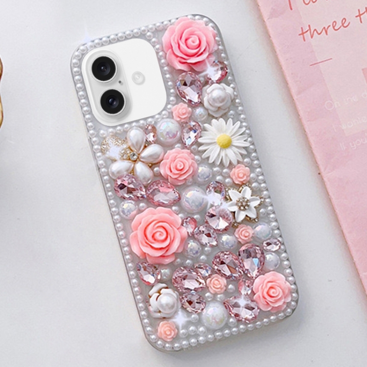 

For iPhone 16 Plus Rose Hand-set Diamond PC Phone Case(Pink)
