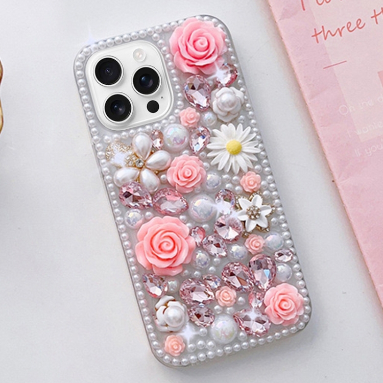 

For iPhone 16 Pro Rose Hand-set Diamond PC Phone Case(Pink)