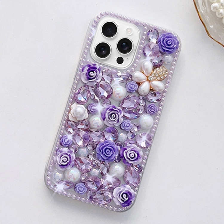 

For iPhone 16 Pro Rose Hand-set Diamond PC Phone Case(Purple)