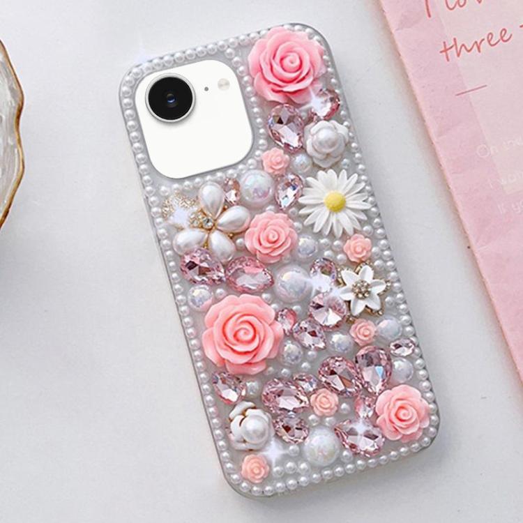 

For iPhone 16e Rose Hand-set Diamond PC Phone Case(Pink)