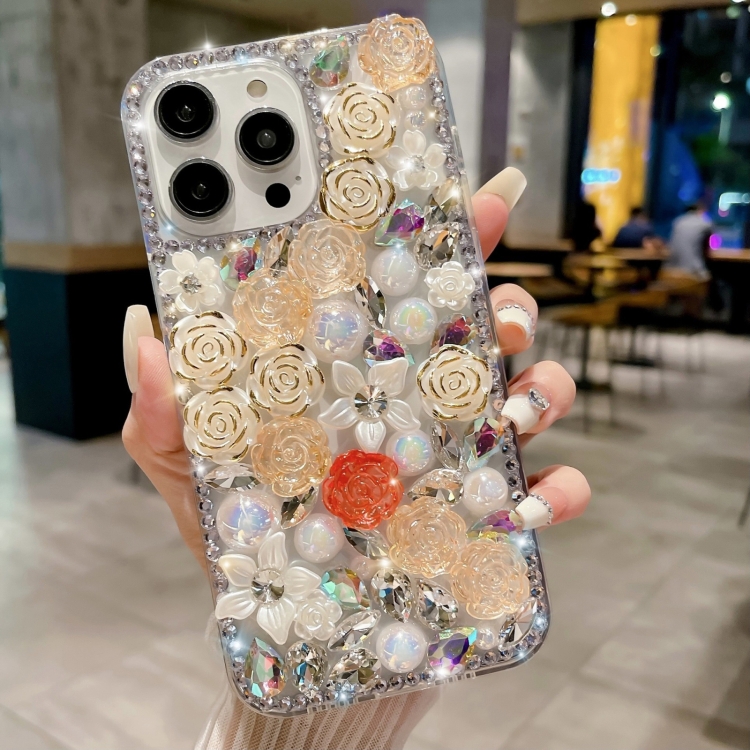 

For iPhone 15 Pro Rose Hand-set Pearl Diamond PC Phone Case(Apricot)
