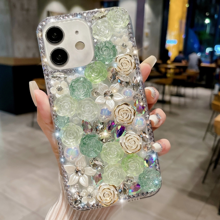 

For iPhone 15 Plus Rose Hand-set Pearl Diamond PC Phone Case(Green)