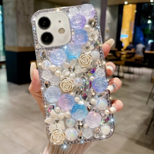 

For iPhone 15 Rose Hand-set Pearl Diamond PC Phone Case(Blue)