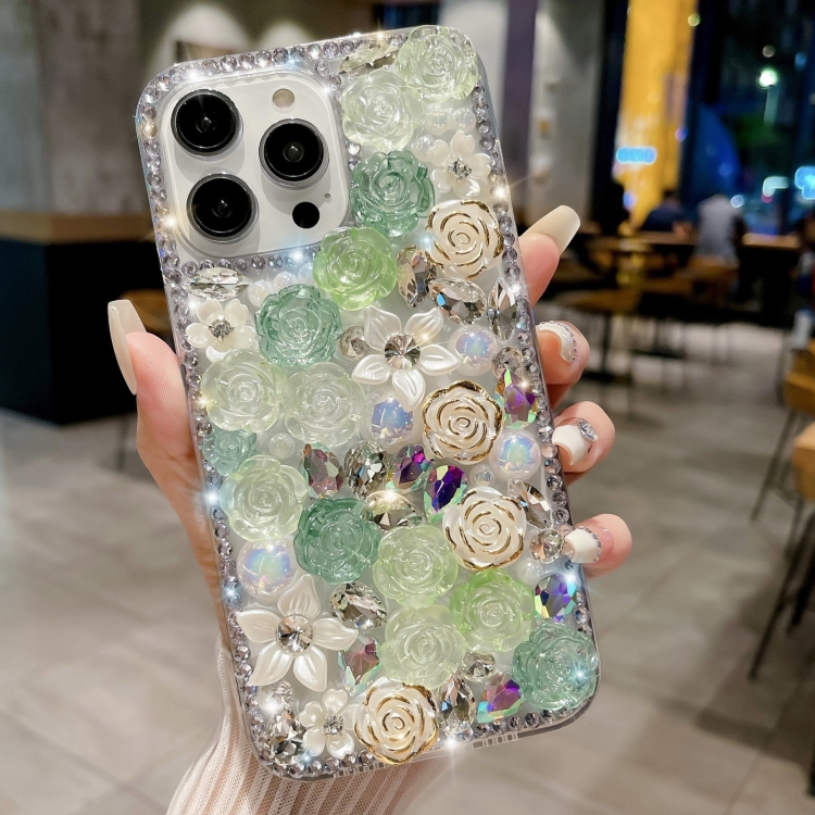 

For iPhone 14 Pro Rose Hand-set Pearl Diamond PC Phone Case(Green)