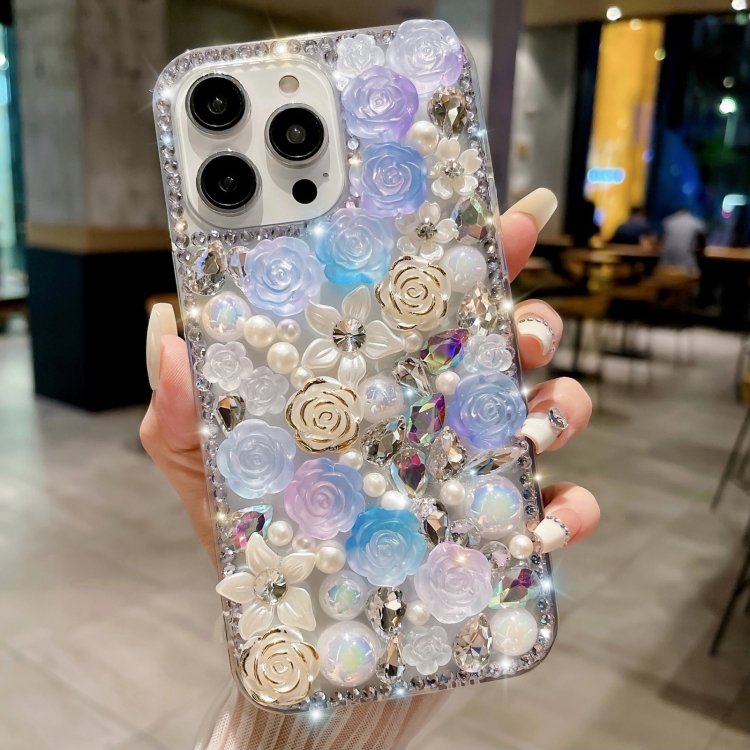 

For iPhone 12 Pro Max Rose Hand-set Pearl Diamond PC Phone Case(Blue)