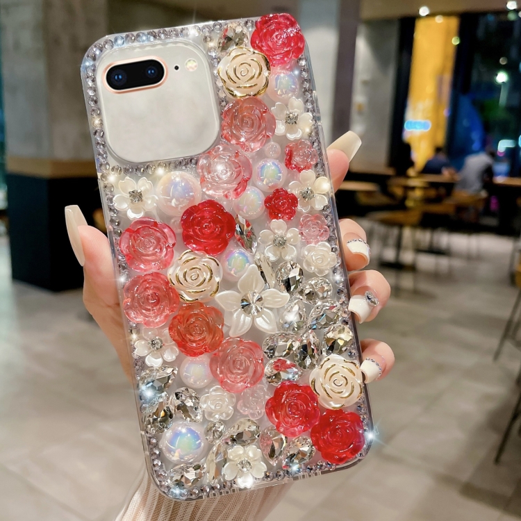

For iPhone 7 Plus / 8 Plus Rose Hand-set Pearl Diamond PC Phone Case(Red)