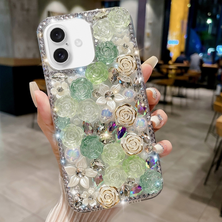 

For iPhone 16 Plus Rose Hand-set Pearl Diamond PC Phone Case(Green)