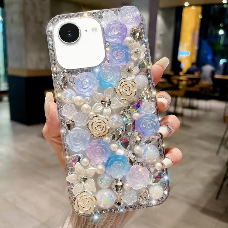 

For iPhone 16e Rose Hand-set Pearl Diamond PC Phone Case(Blue)