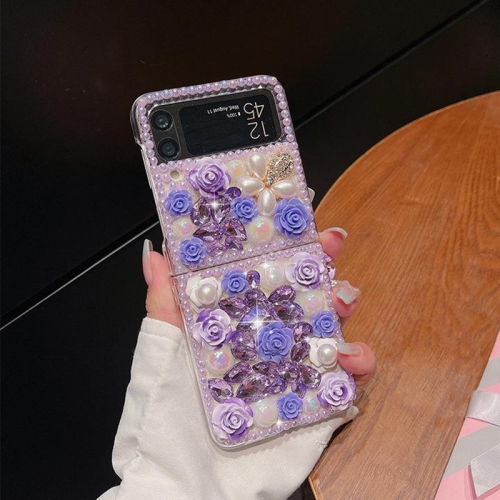 

For Samsung Galaxy Z Flip4 Rose Hand-set Diamond PC Phone Case(Purple)
