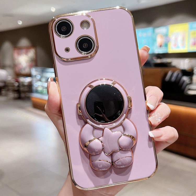 

For iPhone 14 Embrace Stars Electroplating Astronaut Holder Phone Case(Purple)