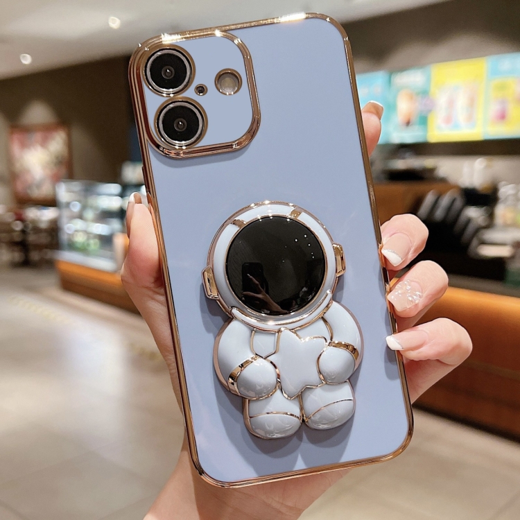 

For iPhone 16 Plus Embrace Stars Electroplating Astronaut Holder Phone Case(Blue)