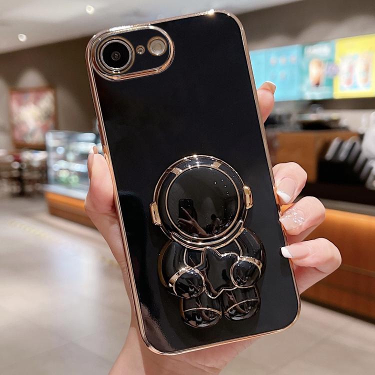 

For iPhone 16e Embrace Stars Electroplating Astronaut Holder Phone Case(Black)