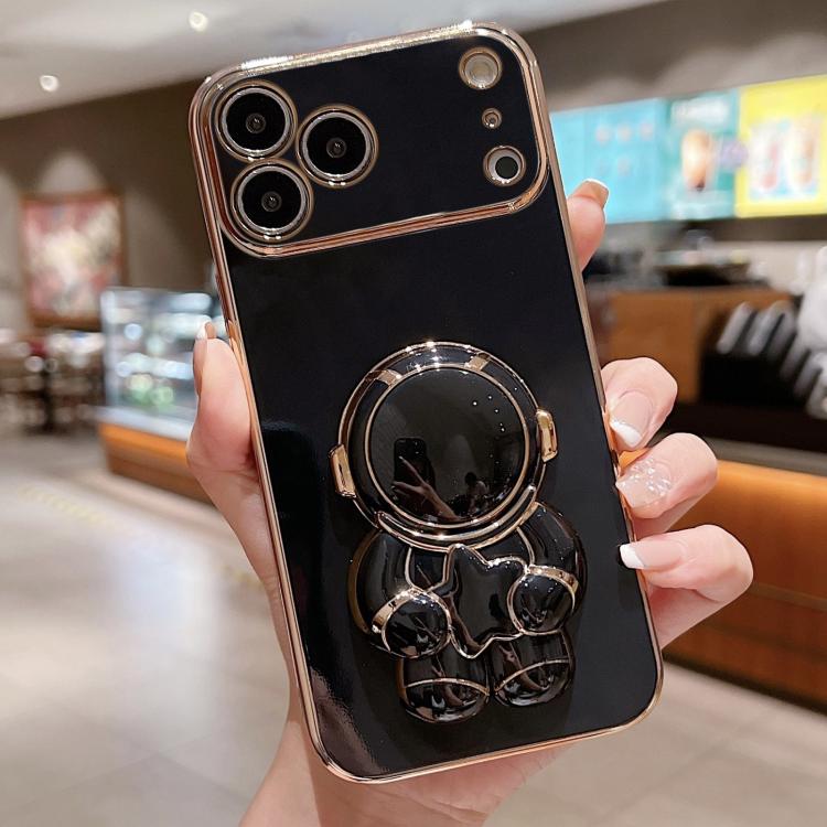 

For iPhone 17 Pro Max Embrace Stars Electroplating Astronaut Holder Phone Case(Black)
