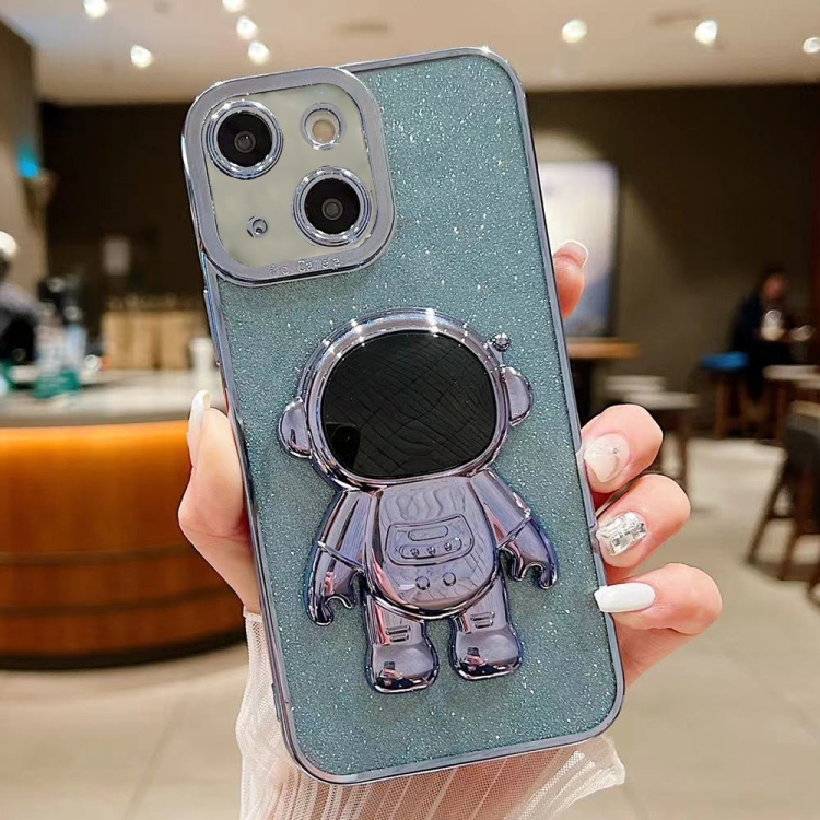 

For iPhone 15 Plus Glitter Electroplating Astronaut Holder Phone Case(Blue)