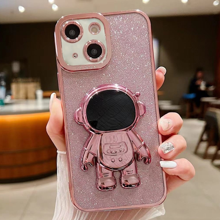 

For iPhone 15 Glitter Electroplating Astronaut Holder Phone Case(Pink)
