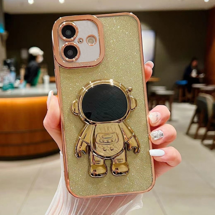 

For iPhone 16 Glitter Electroplating Astronaut Holder Phone Case(Gold)