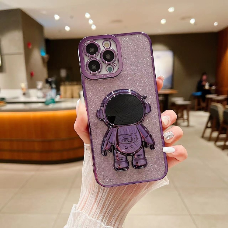 

For iPhone 16 Pro Glitter Electroplating Astronaut Holder Phone Case(Purple)