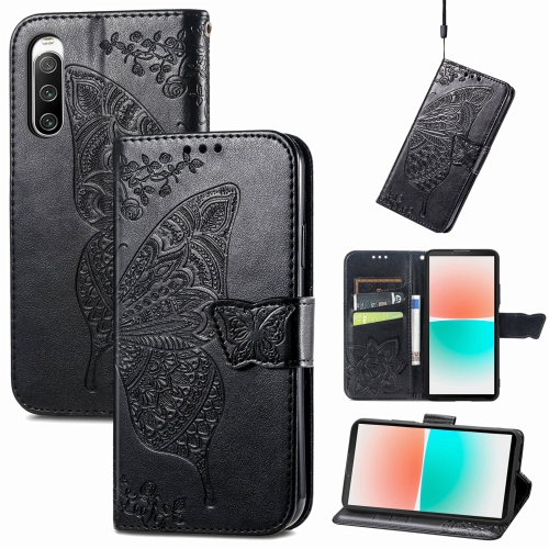 

For Sony Xperia 10 IV Butterfly Love Flower Embossed Leather Phone Case(Black)
