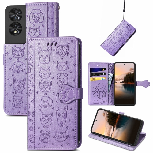 

For TCL 40 NXTpaper 5G Cat and Dog Embossed Leather Phone Case(Purple)