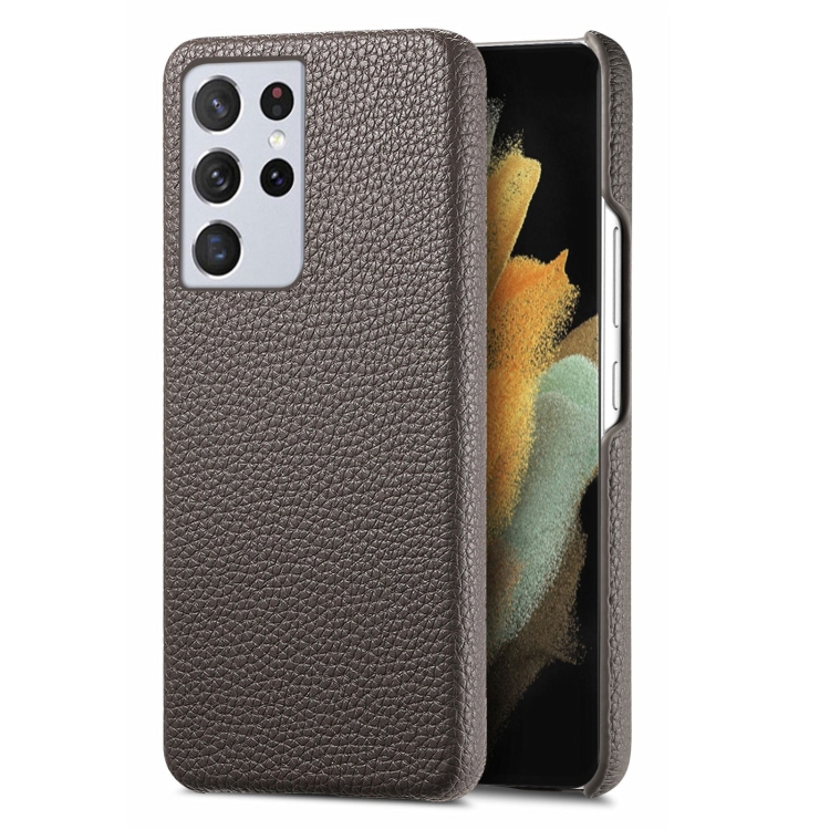 

For Samsung Galaxy S21 Ultra 5G Litchi Oil Edge Leather Back Phone Case(Grey)