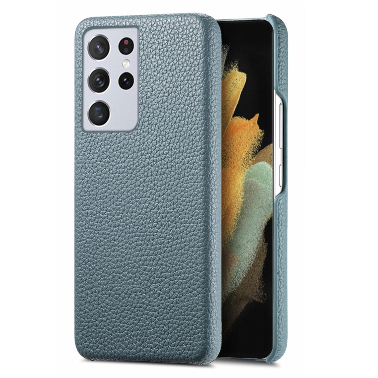 

For Samsung Galaxy S21 Ultra 5G Litchi Oil Edge Leather Back Phone Case(Blue)