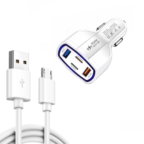 

P49 53W PD20W Type-C + USB 4-port Car Charger with USB to Micro USB Data Cable(White)