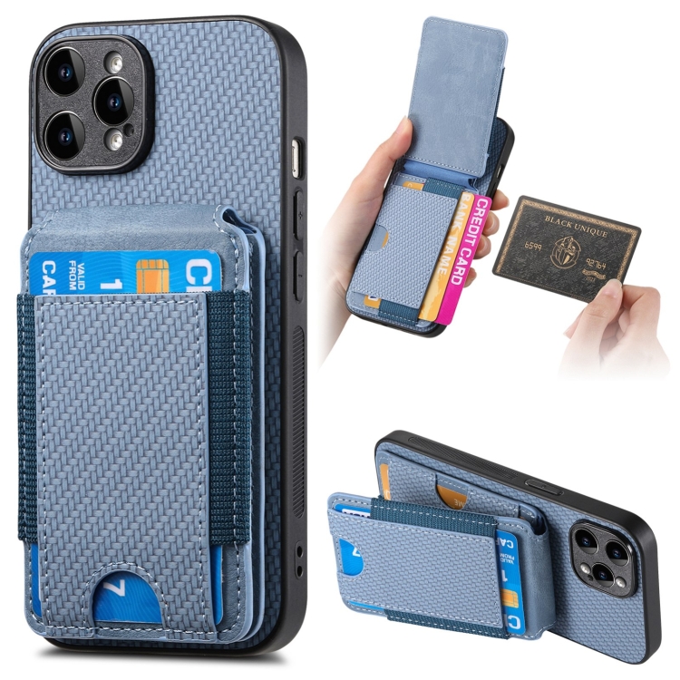 

For iPhone 15 Pro Max Carbon Fiber Vertical Flip Wallet Stand Phone Case(Blue)