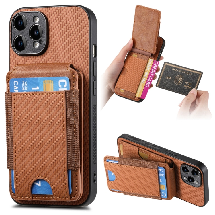 

For iPhone 15 Pro Max Carbon Fiber Vertical Flip Wallet Stand Phone Case(Brown)